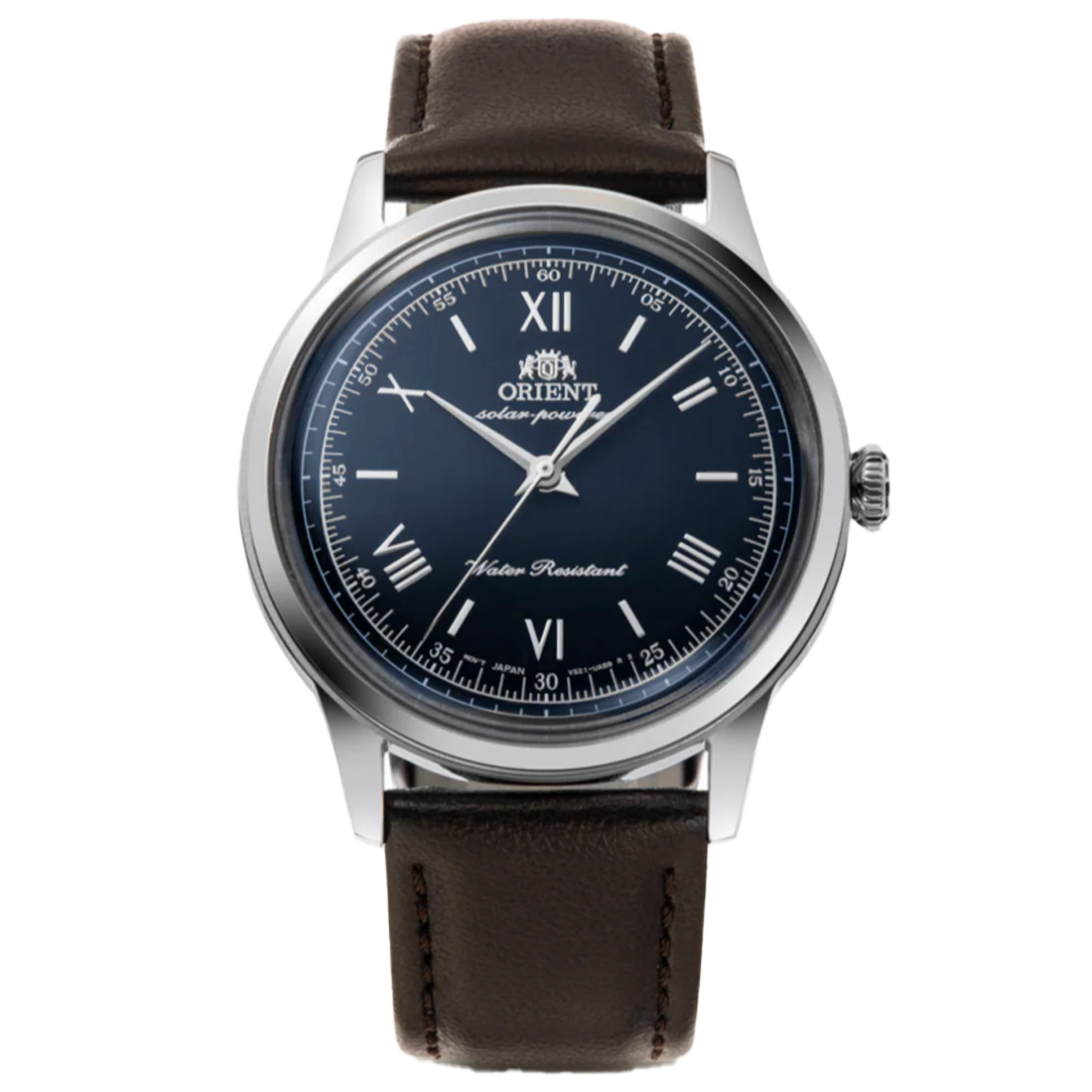 Orient Bambino 38 solar navy face and brown strap front